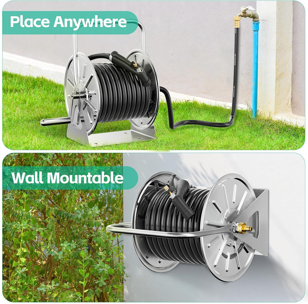 SPECILITE Schlauchtrommel Wasser Edelstahl, Schlauchaufroller Metall Wand für 20-40m Gartenschlauch
