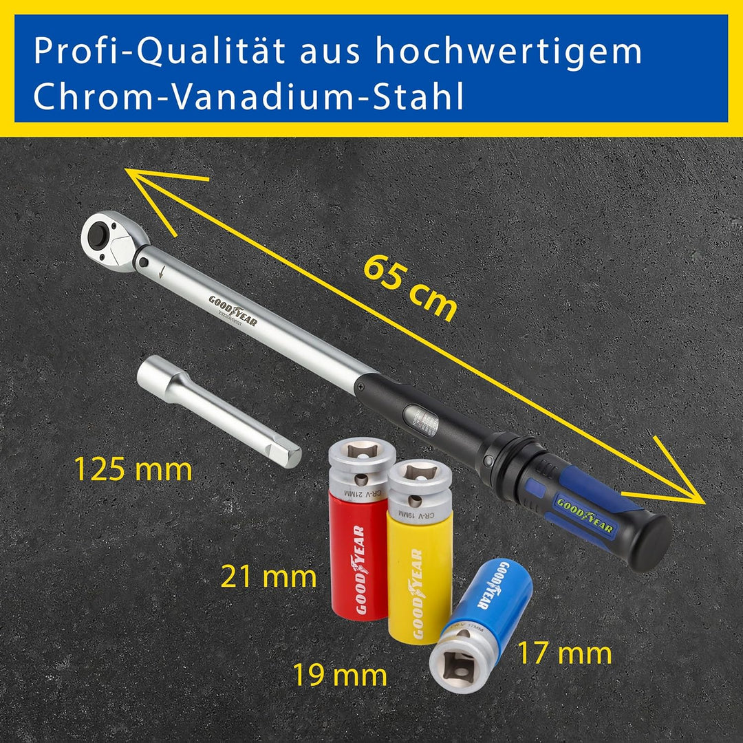 Goodyear Radwechselset, 6-teilig, Drehmomentschlüssel + Umschaltknarre + 3-tlg. Steckschlüsselsatz +
