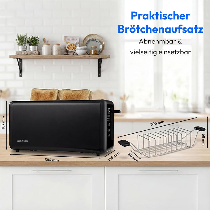 MEDION Toaster 4 Scheiben mit Brötchenaufsatz (7 Bräunungsstufen, 5 Automatikprogramme, 1.450 Watt,