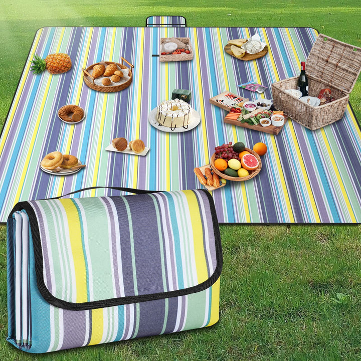 Picknickdecke, wasserdicht, 200 x 200 cm, vertikal gestreift, leicht, mit Griff, geeignet für Wander