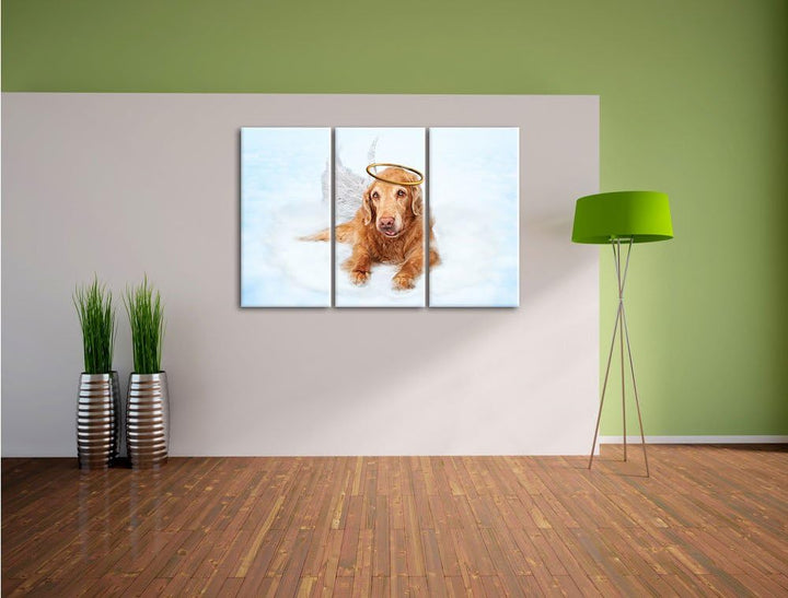Pixxprint Hundeengel auf Wolke# als Leinwandbild | Grösse: 3 Teilig (120x80) | Wandbild| Kunstdruck
