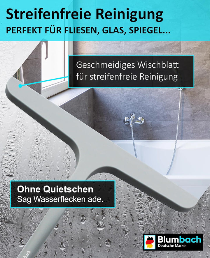 BLUMBACH® Duschkabinenabzieher grau, Duschabzieher mit Halterung 28 cm breit, Silikon Abzieher mit E