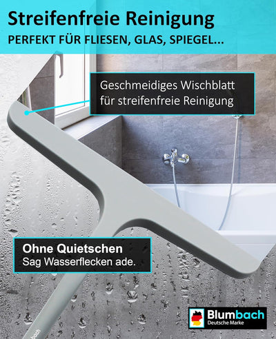 BLUMBACH® Duschkabinenabzieher grau, Duschabzieher mit Halterung 28 cm breit, Silikon Abzieher mit E
