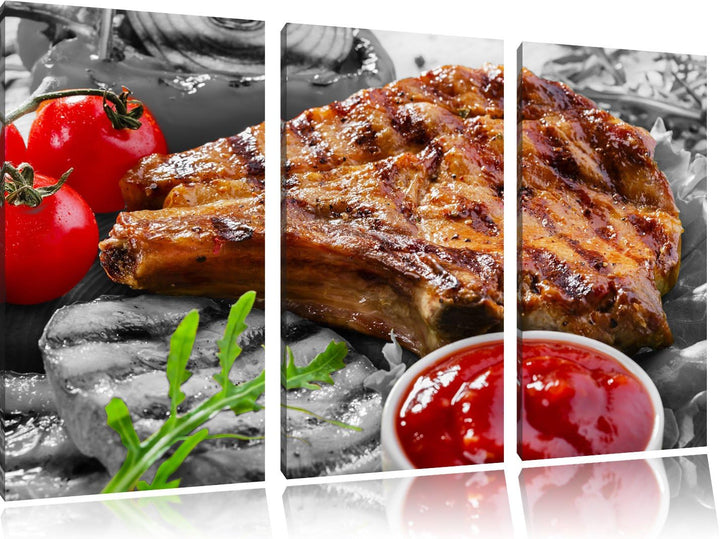 Saftiges Steak mit Grillkäse schwarz/weiss 3-Teiler Leinwandbild 120x80 Bild auf Leinwand, XXL riesi