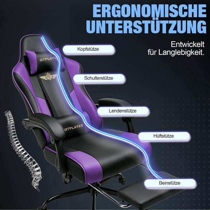 GTPLAYER Gaming Stuhl Chair Gamer Sessel - Ergonomischer Gamer Stuhl mit Fussstütze Kopfstütze und L