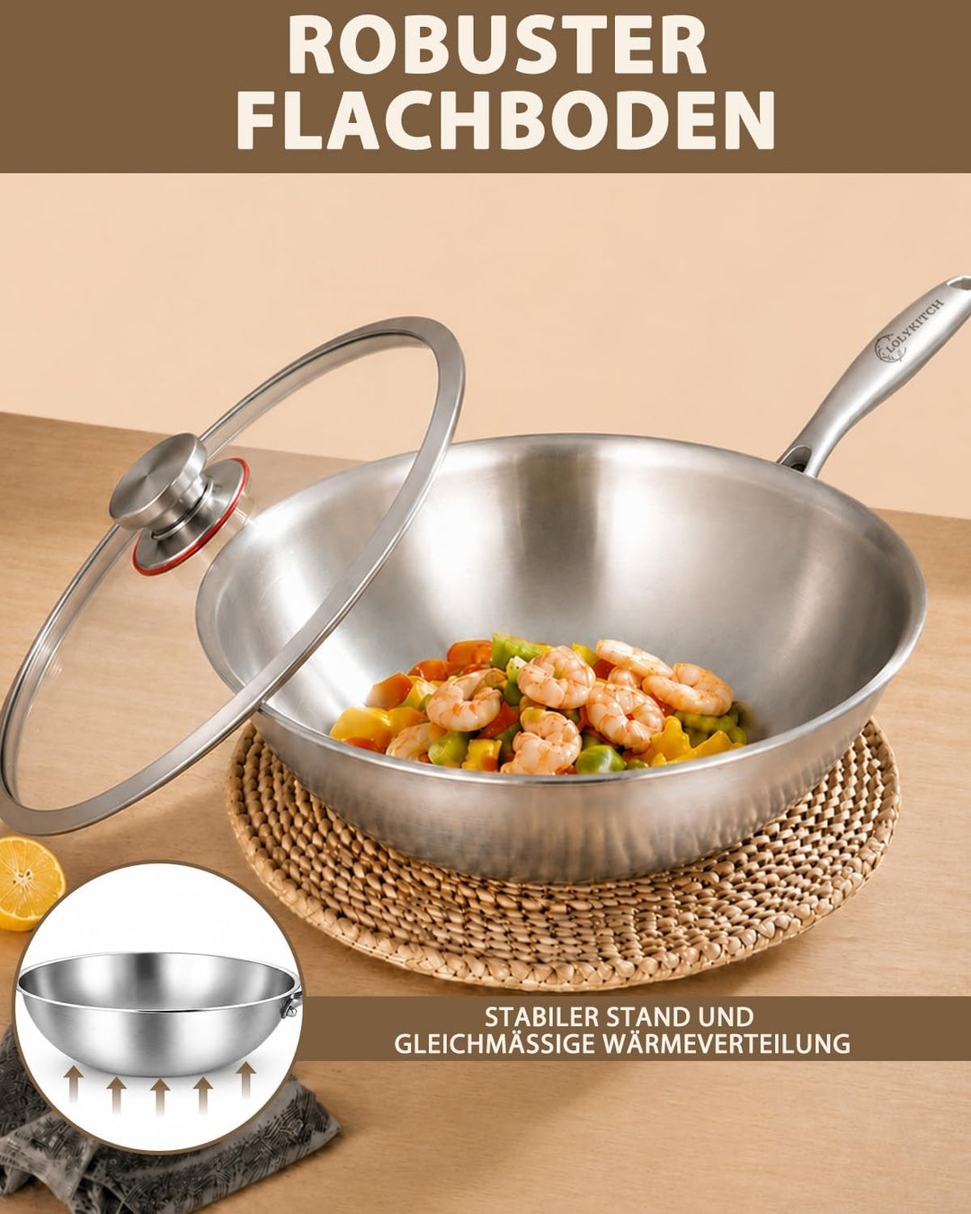 LOLYKITCH Wok 30 cm, unbeschichtete Edelstahl-Wokpfanne mit Glasdeckel | Abnehmbarer Griff | Tri-Ply