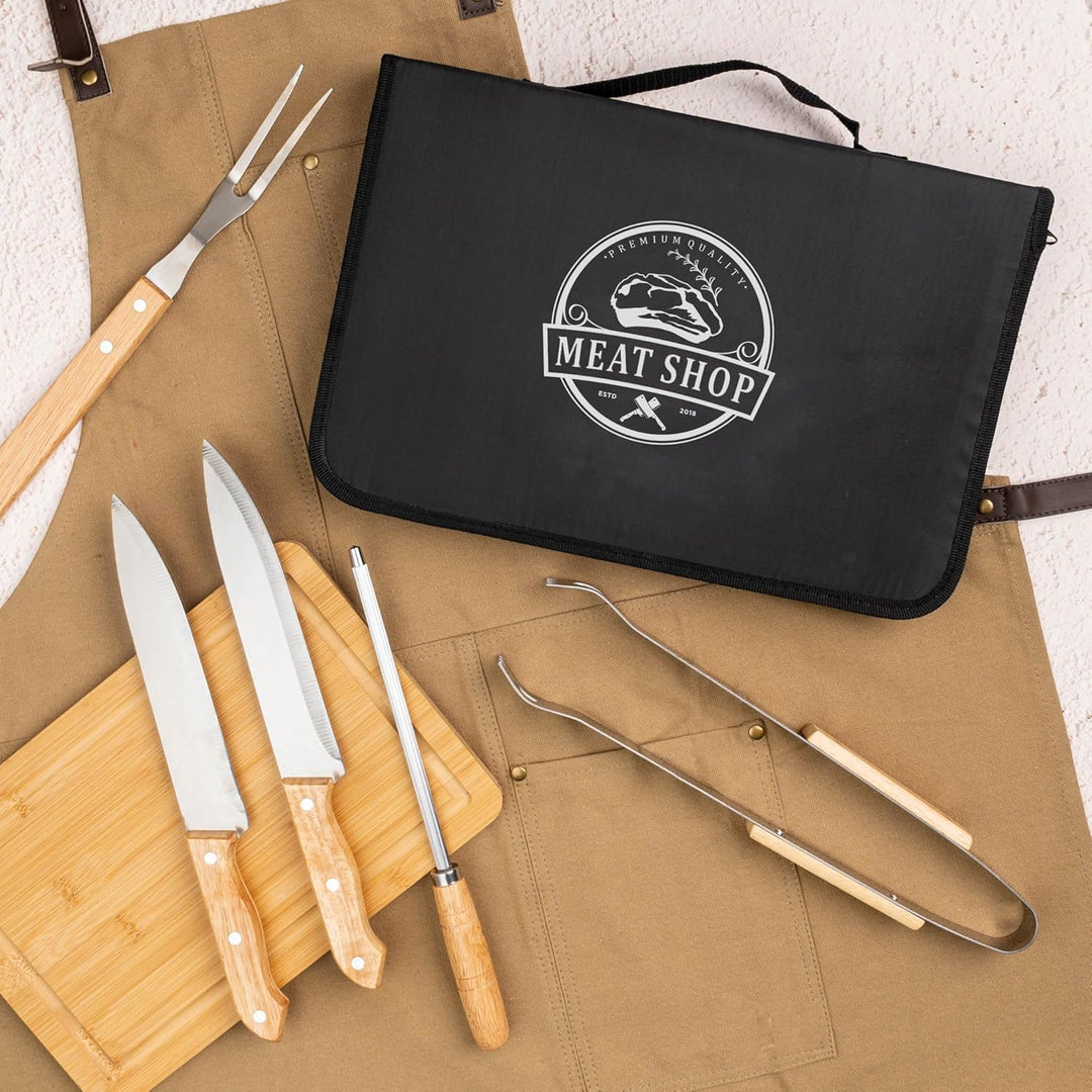 Wanapix | Personalisiertes BBQ-Set | Enthält 6 Ubehörteile (2 Messer, Schärfer, Tranchiermesser,Zang