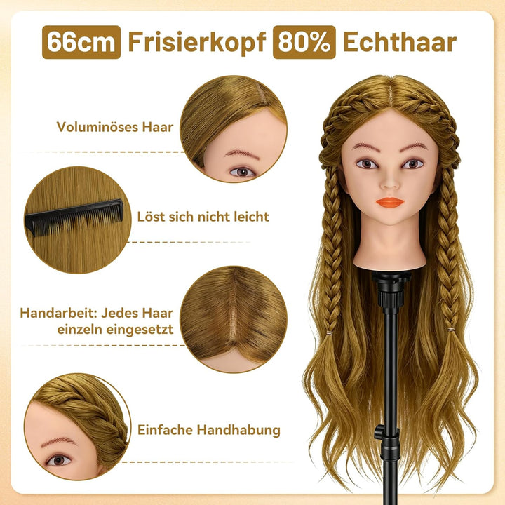 TwoWin Friseurkopf mit Haaren, 26 Zoll (66 cm) 80% Echthaar Mannequin Kopf, Trainingskopf für Stylin