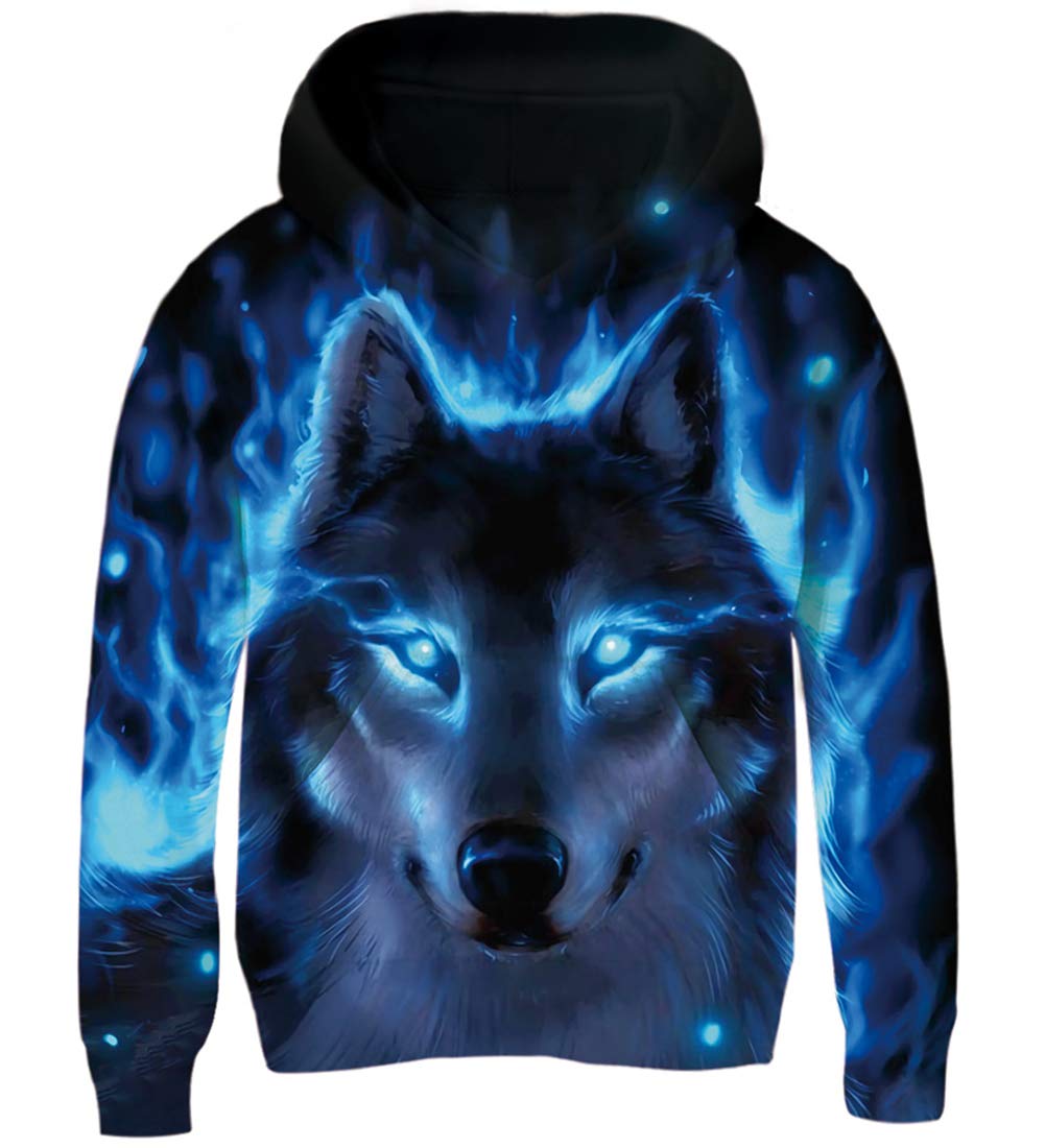 AIDEAONE Jungen Mädchen 3D Hoodie Kapuzenpullover Sweatshirt Mit Kapuze Wolf Blau 11-14 Jahre, Wolf