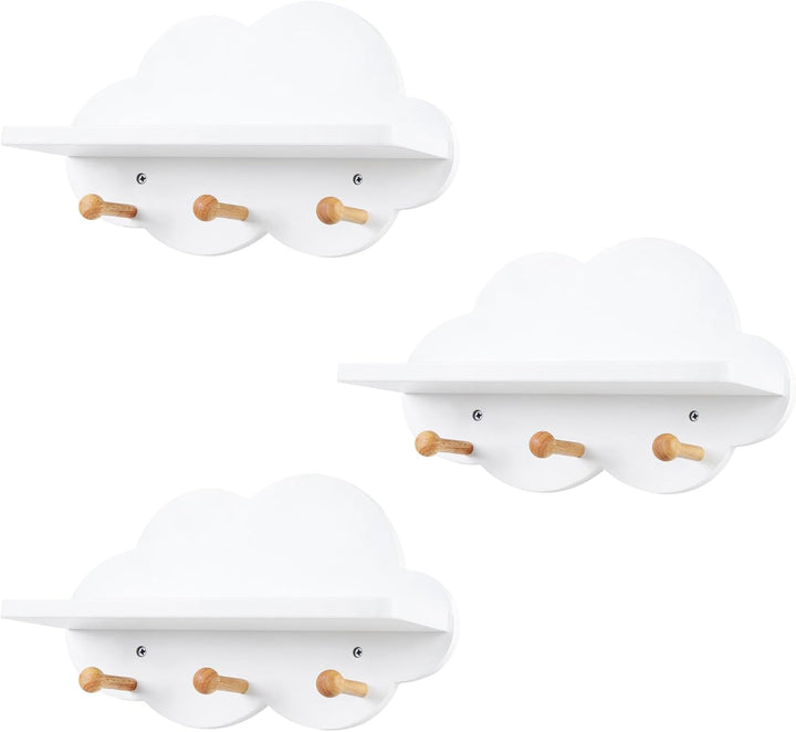 WOLTU 3er Set Wolkenregal, Kinder Garderobenhaken, Wandregal mit Haken, Hängeregal, Schweberegal wei