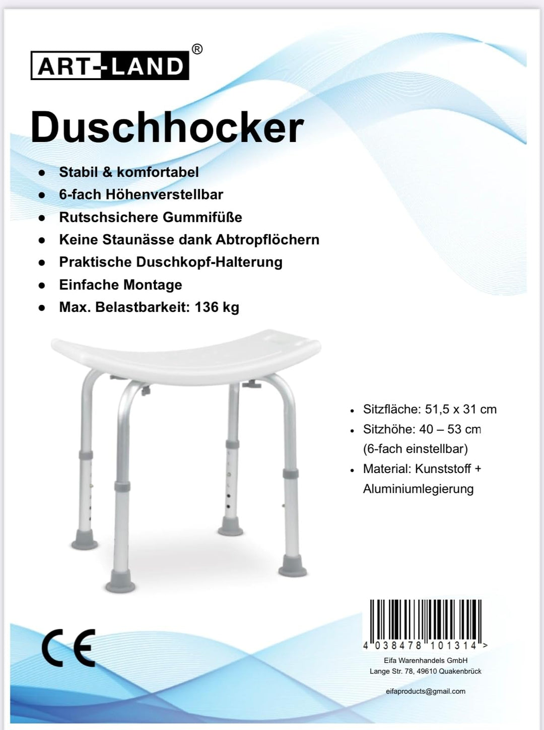 ART-LAND Duschhocker, 6-Fach höhenverstellbar 40-53 cm, Sitzfläche 51,5x31 cm, Belastbar bis 136 kg,