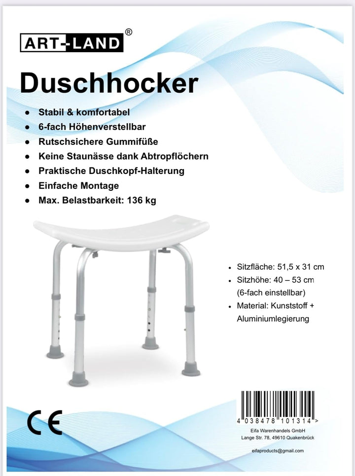 ART-LAND Duschhocker, 6-Fach höhenverstellbar 40-53 cm, Sitzfläche 51,5x31 cm, Belastbar bis 136 kg,
