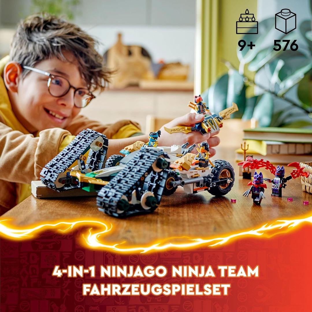 LEGO NINJAGO Kombi-Raupe des Ninja-Teams, 4-in-1-Set mit Gleiter, Rennauto und 2 Motorrädern und 6 M