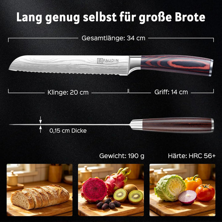 PAUDIN Profi 20cm Brotmesser mit Wellenschliff aus Hochwertigem Rostfreier Edelstahl, Extra Scharfe