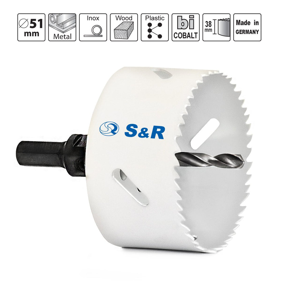 S&R Lochsäge, HSS Bi-Metall mit Lochsägenhalter HEX - QUICK und Zentrierbohrer, universal für Holz,