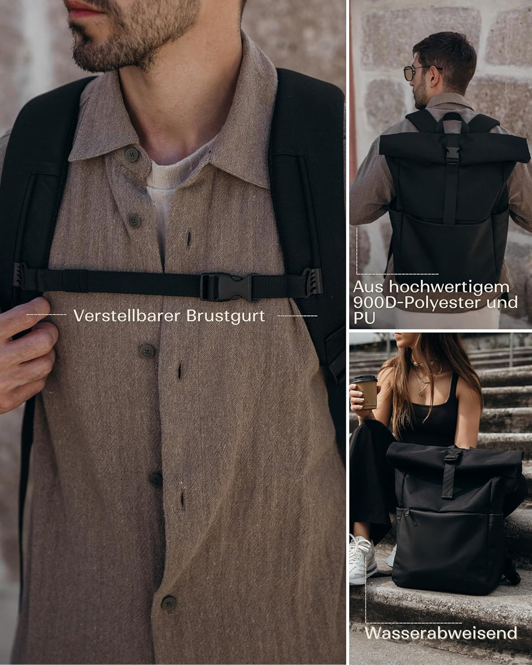 SVOLTA Rolltop Rucksack Damen und Herren - Reiserucksack 25L Wasserabweisend - Stylische Laptop Ruck