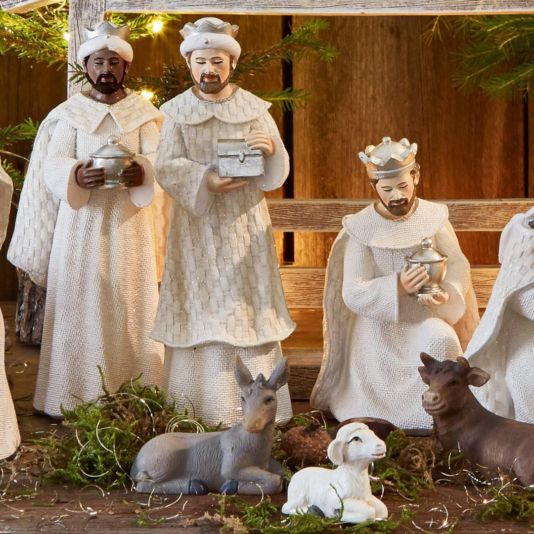 LOBERON® Krippenfiguren 12er Set Santo, Weihnachtsdeko, Polyresin, H/B/T ca. 25/38 / 5 cm, Creme, Cr
