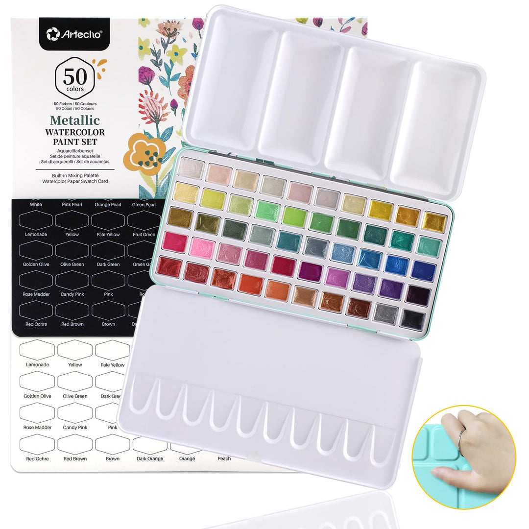 Artecho Aquarellfarben Set 50 Metallic Farben, Aquarell für Reisen, Wasserfarben für Künstler und Ho