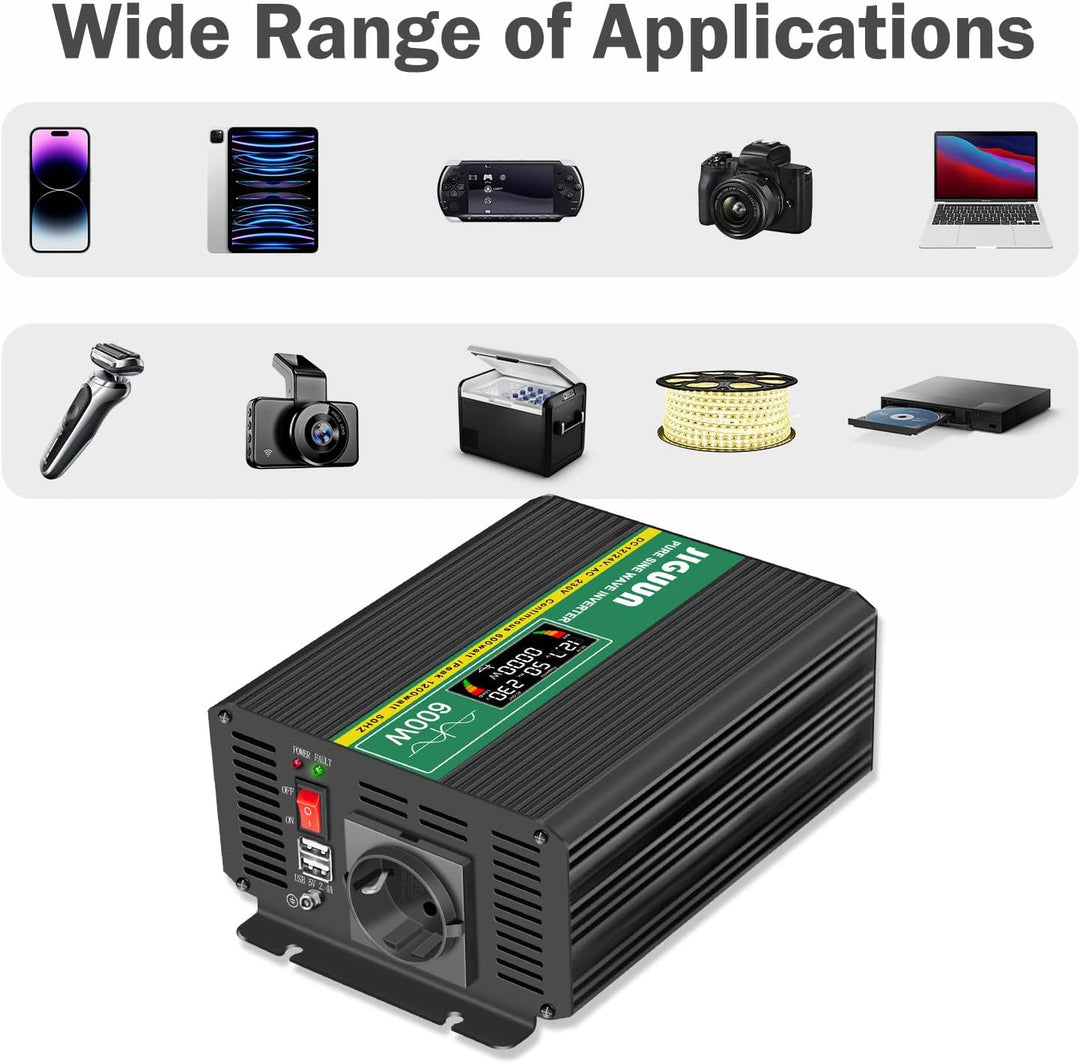 JIGUUN 600W Wechselrichter Reiner Sinus Spannungswandler 12v 230v Inverter Mit EU-Steckdose und 2 US
