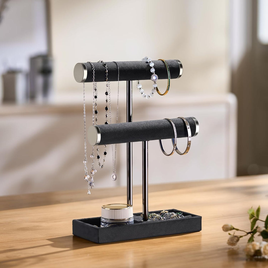 Schmuck Organizer mit 2 Ebenen - Schwarz Schmuckständer Armbänder, Abnehmbarer T-Steg Schmuck Stände