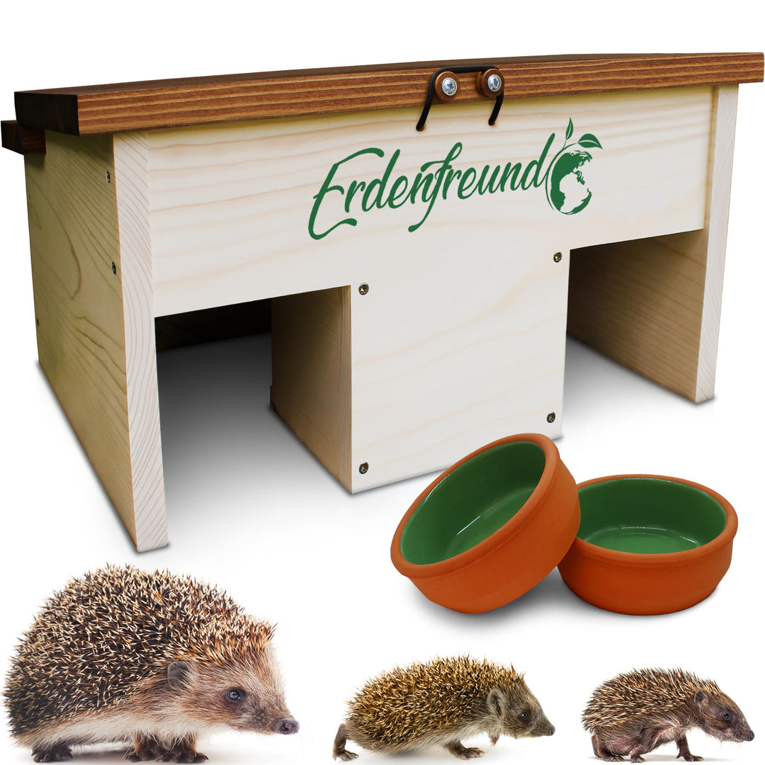 ERDENFREUND® Igelfutterhaus + 2er Set Wasser- &amp; Futternapf Igelhaus kaufen artgerecht mit festem Dac