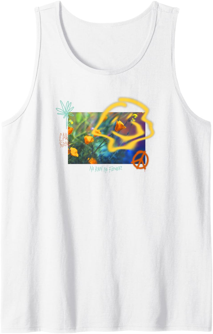 Trendy No Rain No Flower Smiley Peace Flower Sign Front Back Tank Top