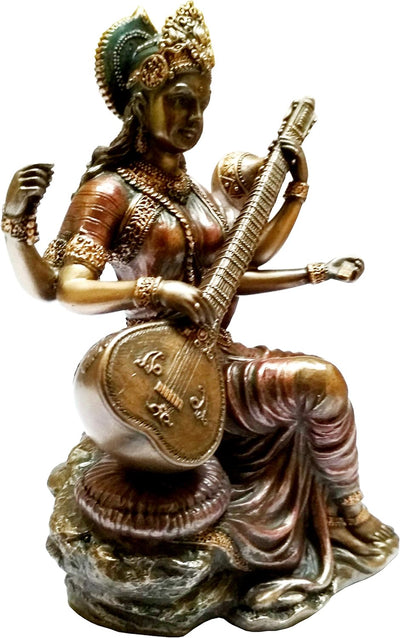 Purpledip Idol Saraswati, Göttin des Wissens, Musik und Kunst: Bronze-Finish Statue für den Tempel z