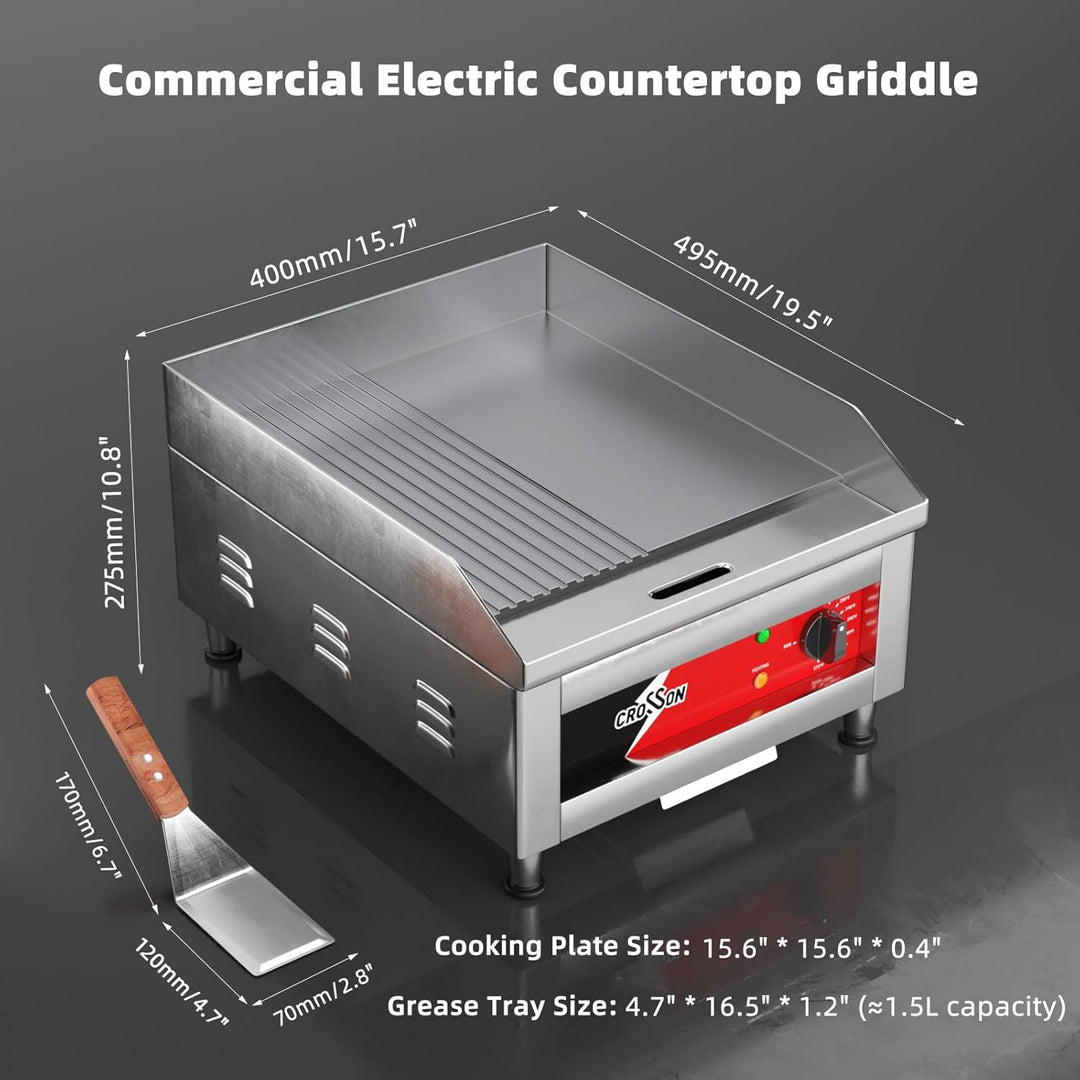 CROSSON Profi Gastro Grillplatte Elektrisch mit halb glatter und halb gerillter Grillfläche (40 x 40