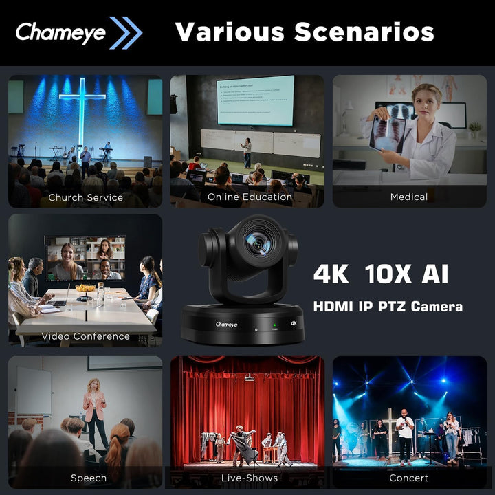 Chameye 4K PTZ Kamera mit KI-Auto-Tracking 10x Optischer Zoom, Konferenzkamera 4K mit HDMI, LAN(PoE)