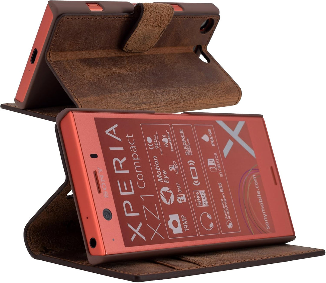 Suncase Book-Style für Sony Xperia XZ1 Compact (Slim-Fit) Ledertasche Leder Tasche Handytasche Schut
