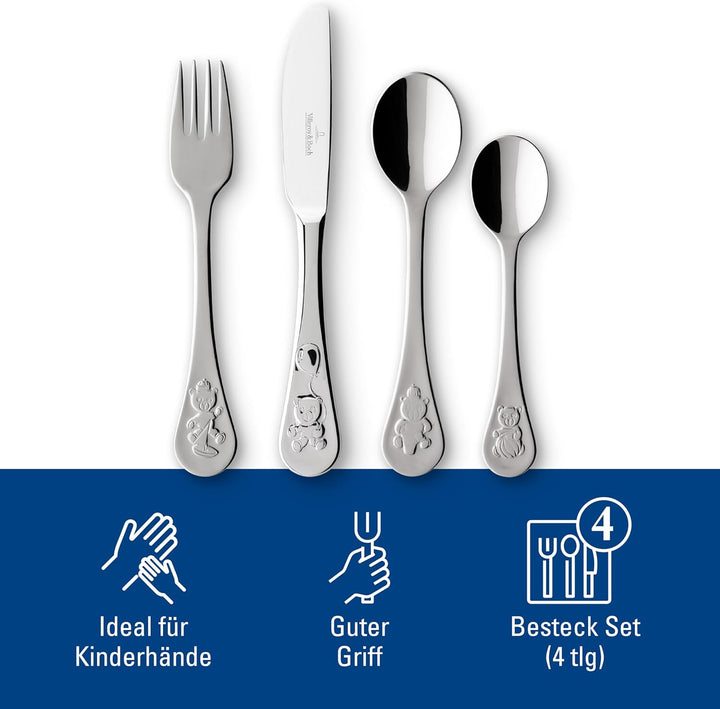 Villeroy und Boch Teddy Kinderbesteck 4-teilig, 18/10 Edelstahl, Silber, 21,5 x 15 x 2,5 cm