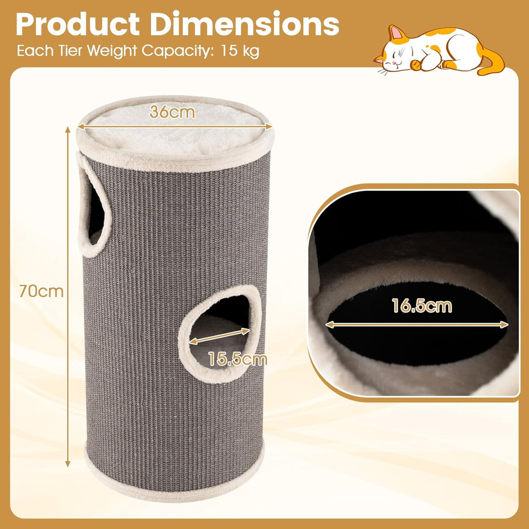 COSTWAY Kratztonne, Ø 36 cm, 70 cm hoch, Katzentonne mit Sisal-Kratzbrett, 3 Katzenhöhlen, Plüschbet