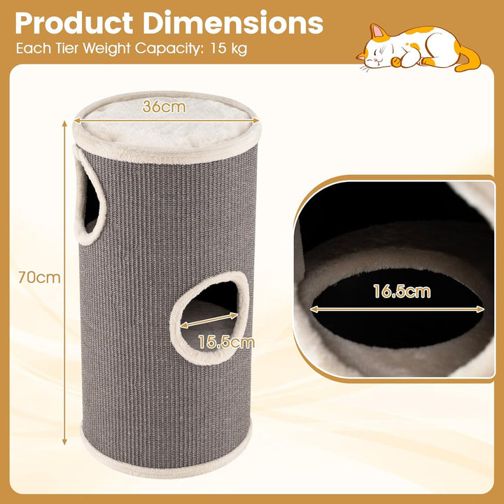 COSTWAY Kratztonne, Ø 36 cm, 70 cm hoch, Katzentonne mit Sisal-Kratzbrett, 3 Katzenhöhlen, Plüschbet