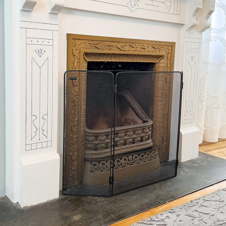 Mind Reader FIRESCREEN-BLK 3-Panel Fireplace Screen Door, Hinged, Portable, Indoor/Outdoor, 26.25" L