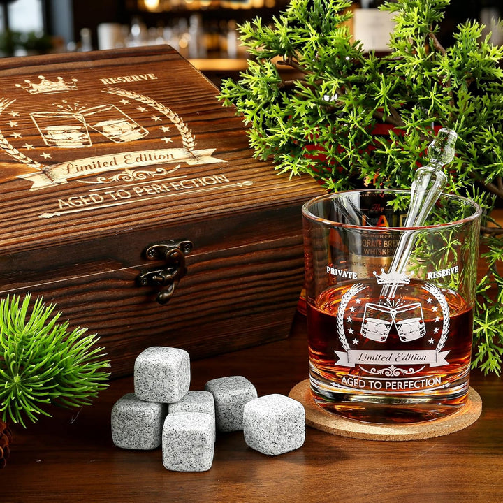 exreizst Geburtstagsgeschenk für Männer – Whiskyglas-Set mit Holzbox, Granitsteinen, Pipette & Zange