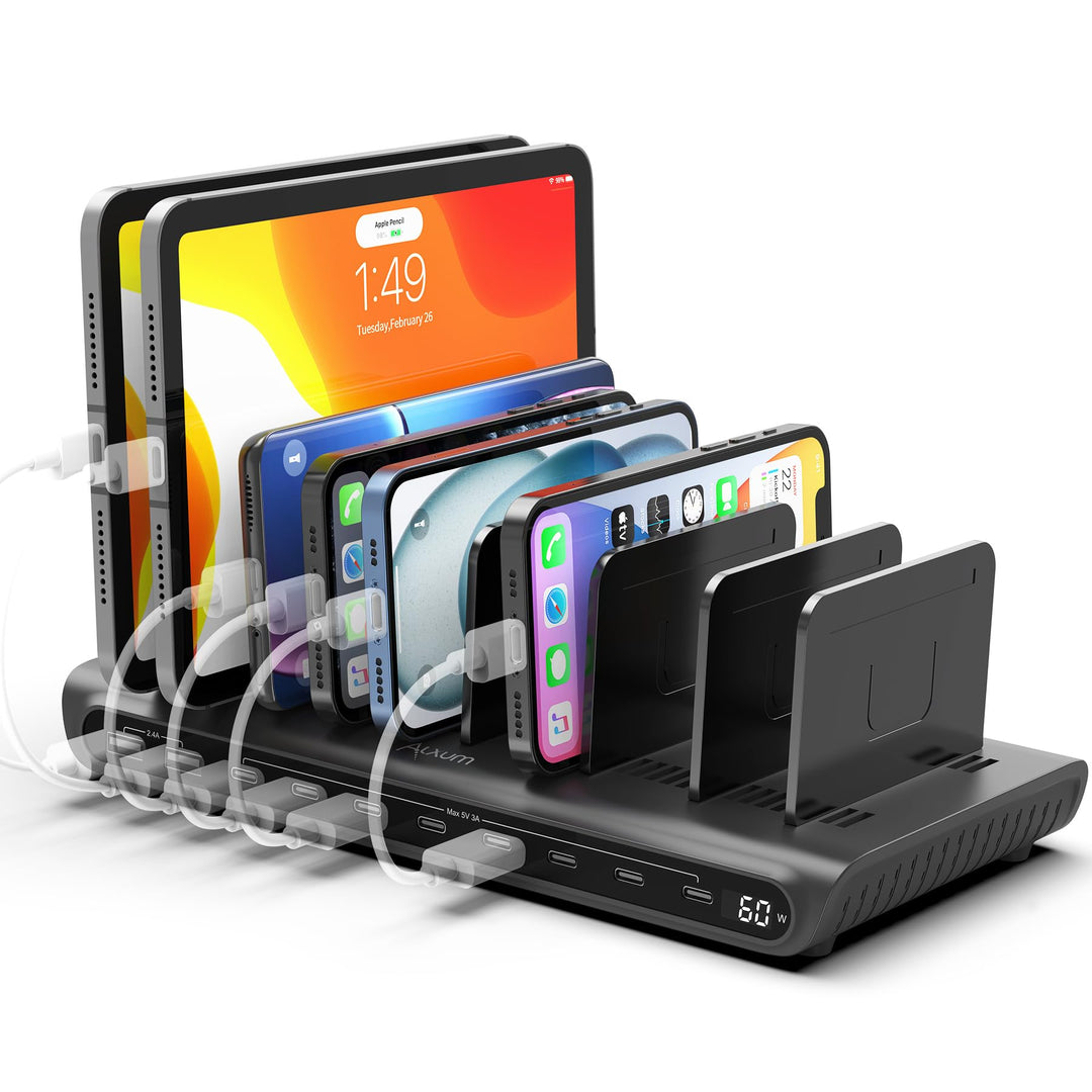 Alxum 60W 10 Port USB Ladestation für mehrere Geräte, LED Echtzeit-Digitalanzeige mit 8×USB-C & 2×US