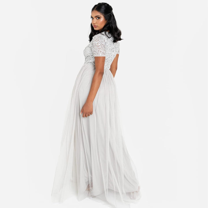 Maya Deluxe Abendkleid mit Pailletten Cocktailkleid Damen mit V-Ausschnitt Tüllkleid Soft Grey 36, S