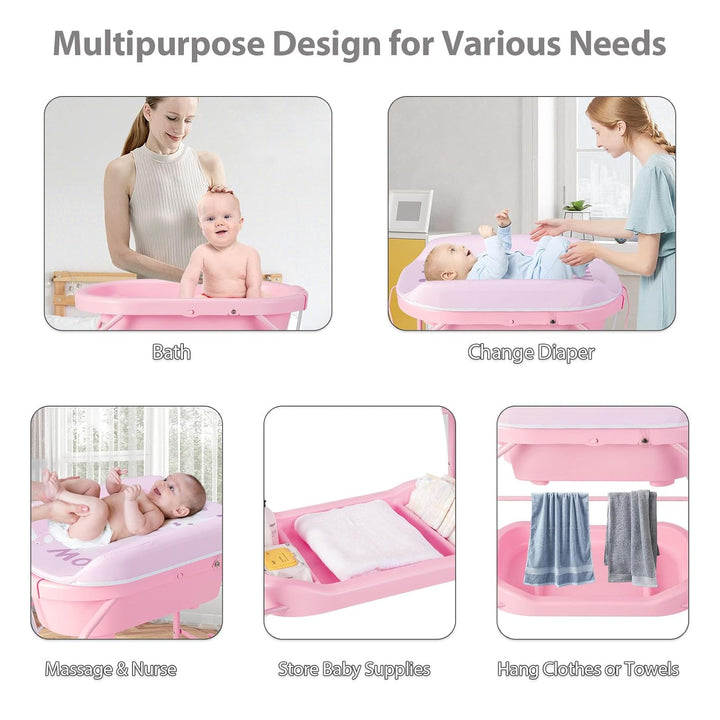 LIFEZEAL Wickeltisch mit Badewanne, 2 in 1 Flatbare Bade-Wickelkombination auf Räder, Badewannenaufs