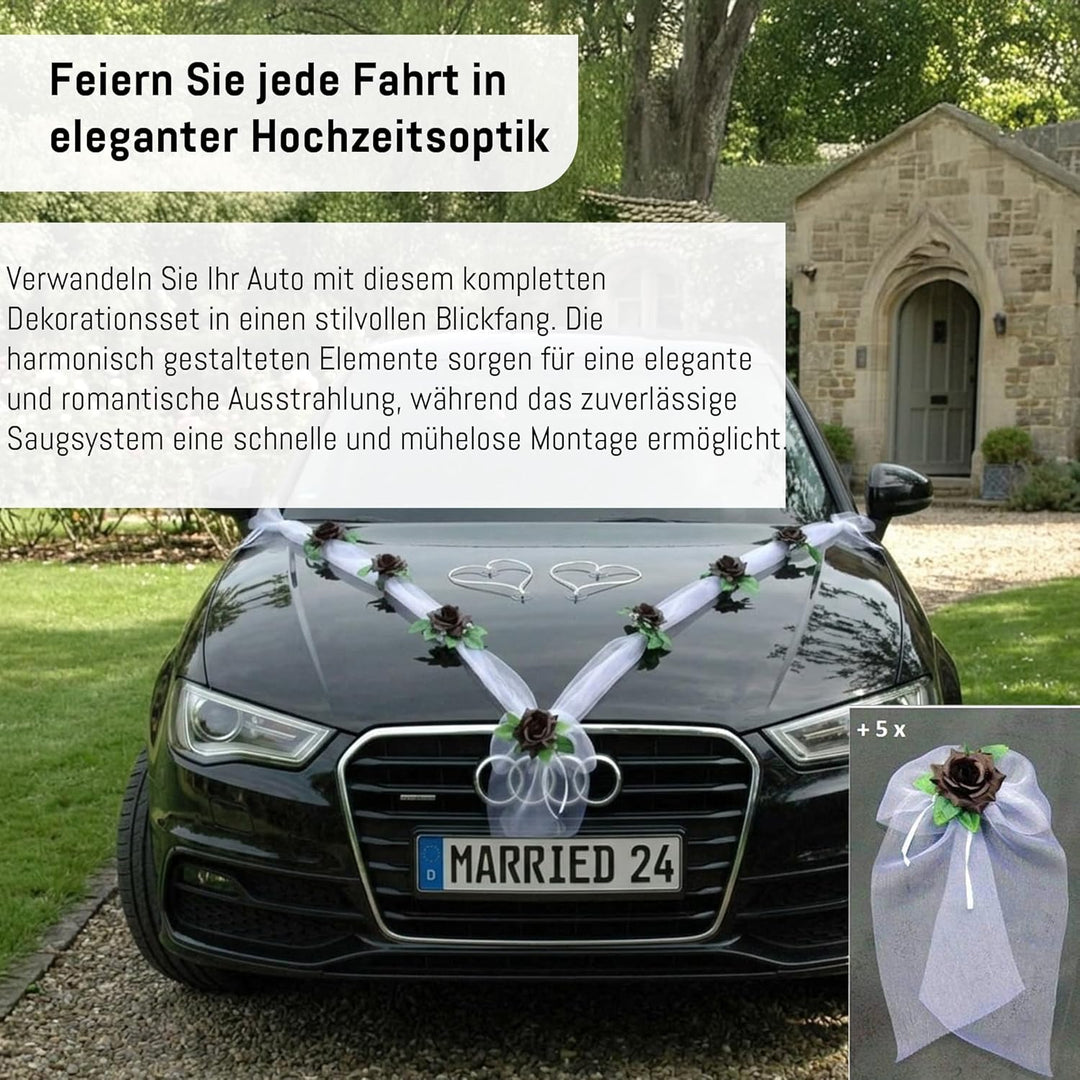 Organza M + Schleife Auto Schmuck Braut Paar Rose Deko Dekoration Autoschmuck Hochzeit Car Auto Wedd