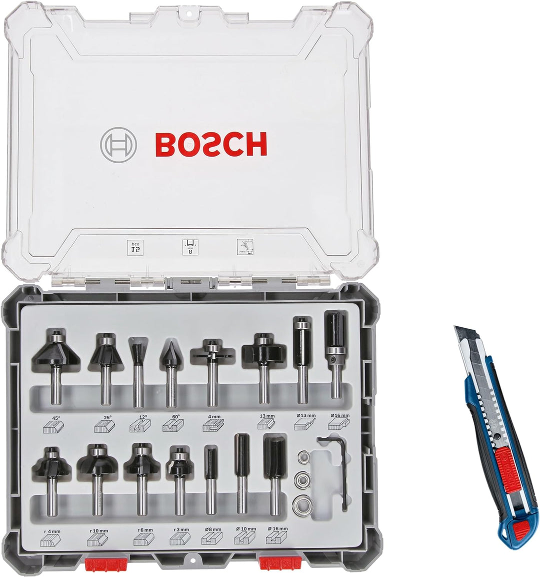 Bosch Professional 15tlg. Fräser Set mit Cuttermesser (für Holz, Ø 8 mm Schaft, Zubehör Oberfräse)