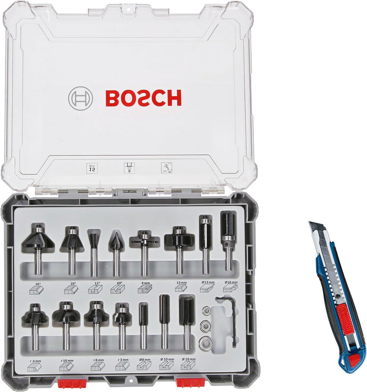 Bosch Professional 15tlg. Fräser Set mit Cuttermesser (für Holz, Ø 8 mm Schaft, Zubehör Oberfräse)