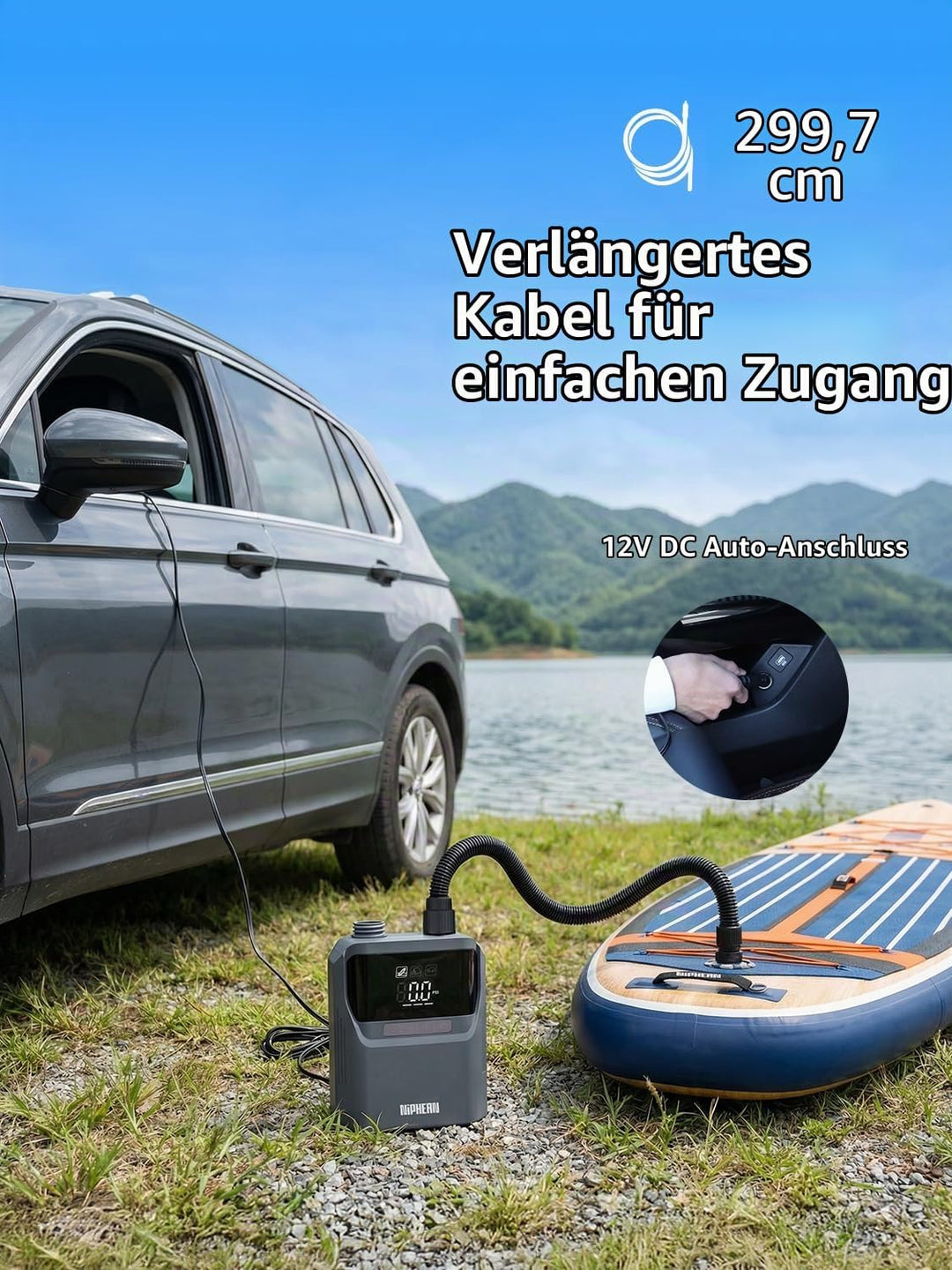 Niphean Elektrische Luftpumpe SUP mit (Extra-Langem) 300cm 12V Kabel, 50PSI SUP Pumpe Elektrisch für