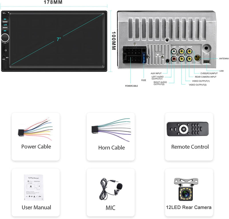 Apple Carplay Autoradio 2 Din mit Android Auto Bluetooth Freisprecheinrichtung 7 Zoll Touchscreen Au