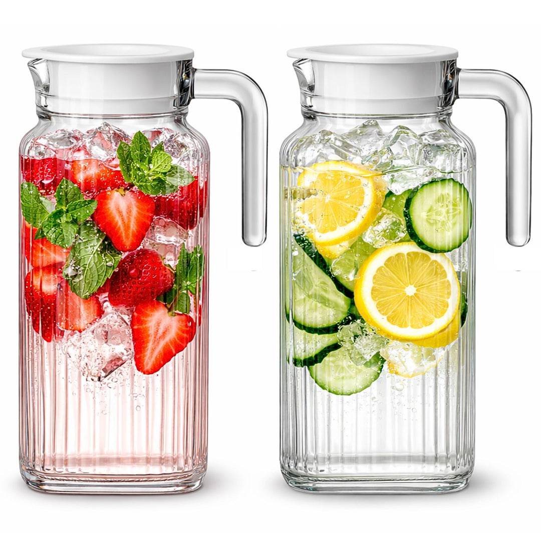 Kühlschrankkrug 1,7L Glas Wasserkrug mit Deckel (2er Pack) – Glaskrug Geriffeltem Glasdesign & Griff