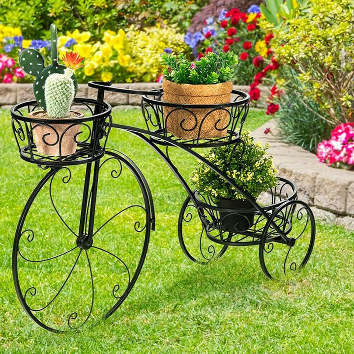 Fahrrad Pflanzenständer Metall Blumenregal mit 3 Körben | Dreirad Pflanzgefäss Dekoration Blumenrad