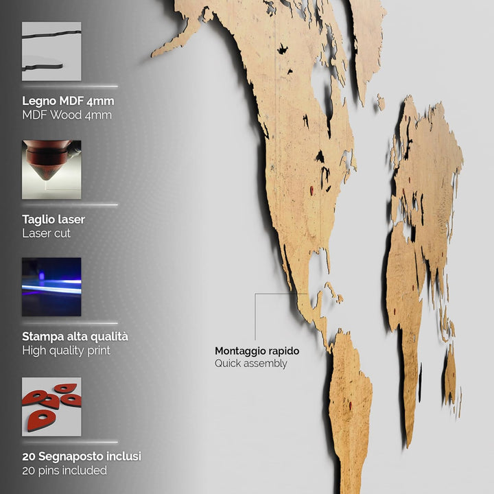 Giallobus - Weltkarte - Gold - MDF HOLZWANDDEKORATION - Moderne GEMÄLDE BLEIBE - 190X105 cm 190x105c