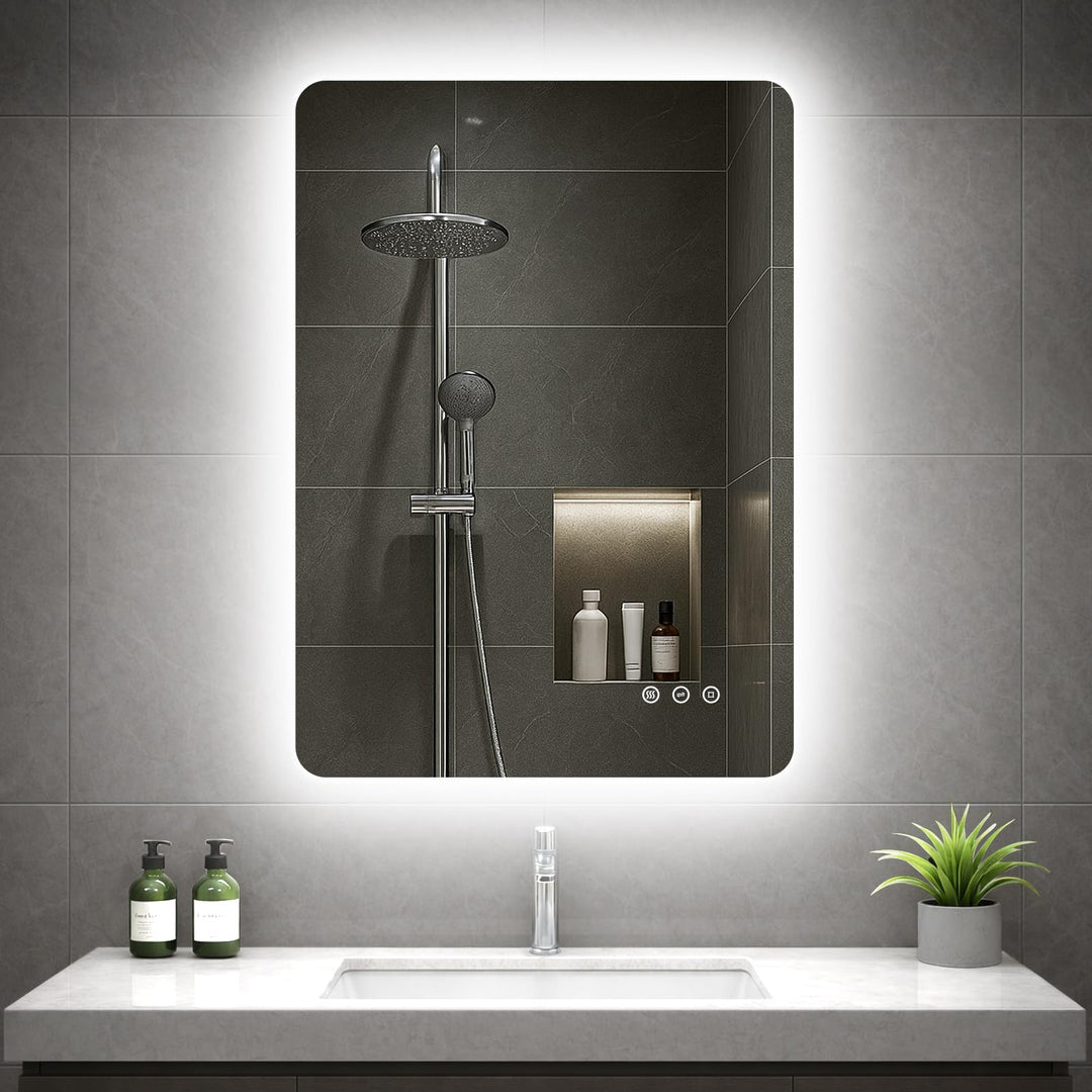 Badezimmerspiegel mit Beleuchtung 50x70cm, LED Spiegel Bad mit Licht, 3 Lichtfarben, Dimmbar, Antibe