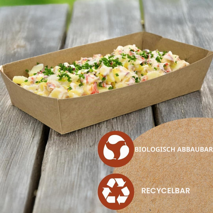 Enpack Snackschale A13-100 Stück Snackschalen aus Kraftpapier - Snack Box 15x7x3,5cm - Currywurst Sc
