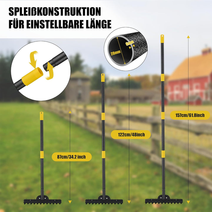 Gartenrechen, Breite Edelstahl-Rechen mit 12 Zinken, 157 cm Längenverstellbarer Rasenrechen mit Ruts