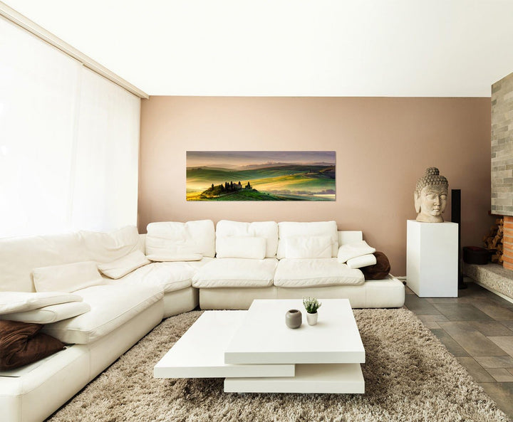 Paul Sinus Art Panoramabild auf Leinwand und Keilrahmen 150x50cm Toskana Landschaft Weinberge Wiesen